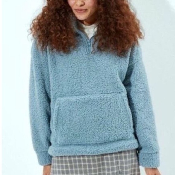 American Eagle Quarter Zip Pullover Sherpa Sweatshirt Cozy Blue Comfy XL - Picture 1 of 7